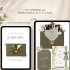 Interactive wedding website homepage featuring a green envelope invitation opening experience with elegant wedding details.
