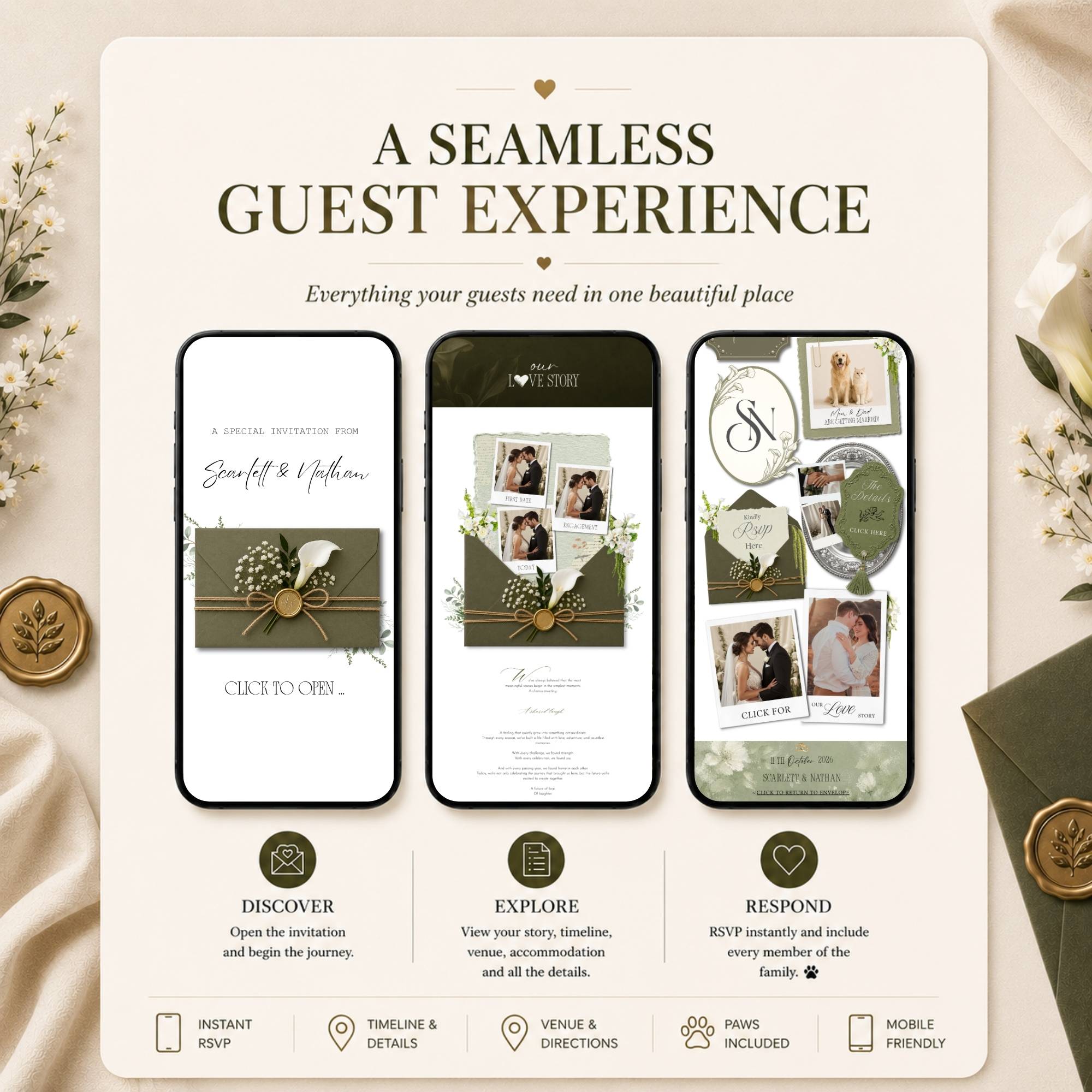 All-in-one wedding website providing a seamless guest experience with RSVP, timeline, venue information, and accommodation details.
