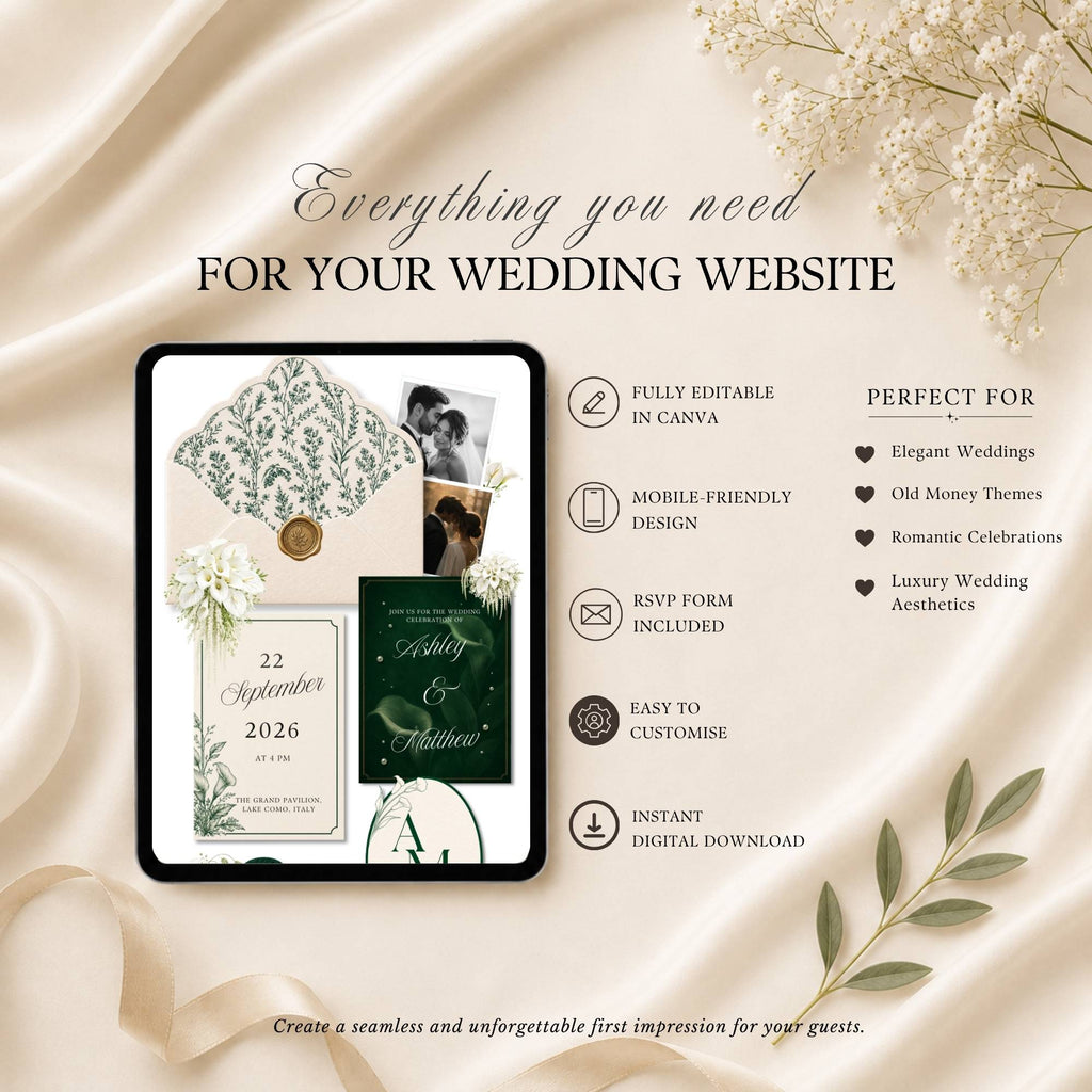 Four page green wedding website template featuring RSVP page love story page and wedding details page