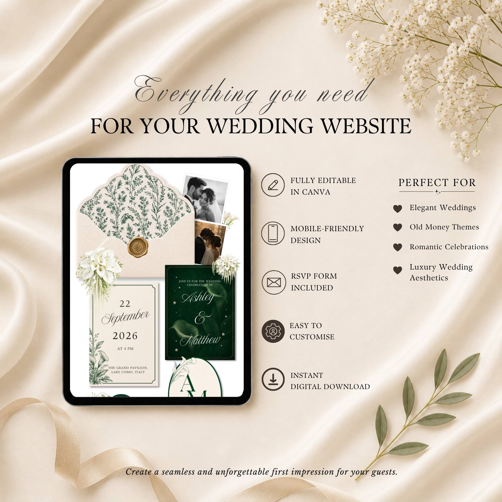 Four page green wedding website template featuring RSVP page love story page and wedding details page