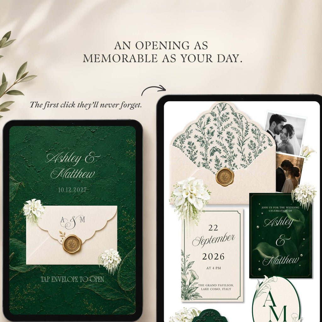 Green Canva wedding website homepage with floral details and wedding information