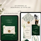 Green Canva wedding website homepage with floral details and wedding information