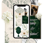 Love story page for green wedding website template editable in Canva