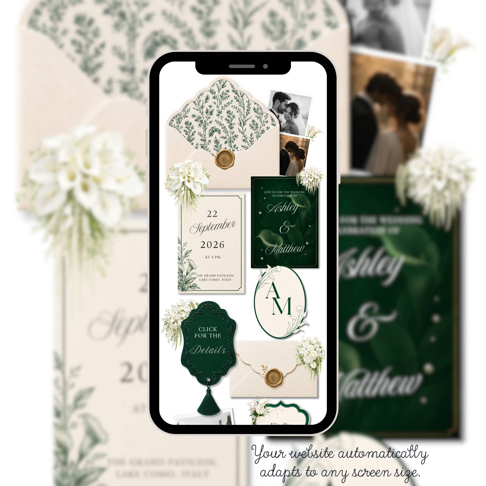 Love story page for green wedding website template editable in Canva