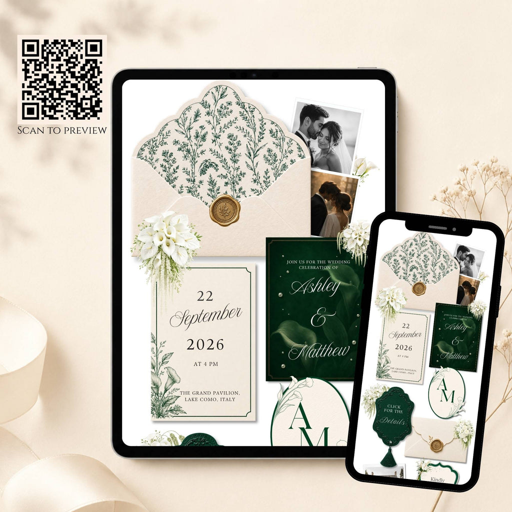 Mobile wedding website template with elegant green floral design