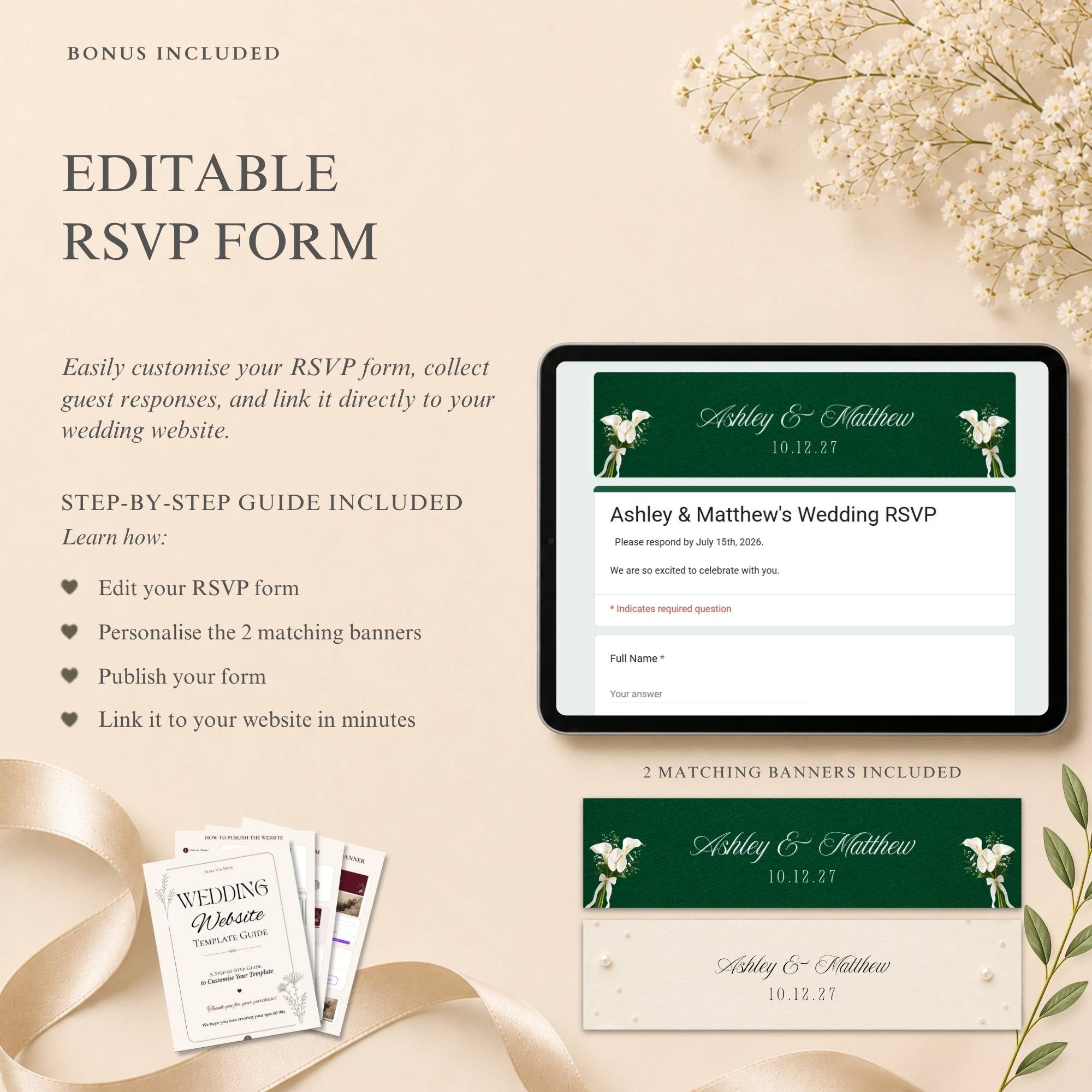 Wedding RSVP page template included with editable Canva wedding website