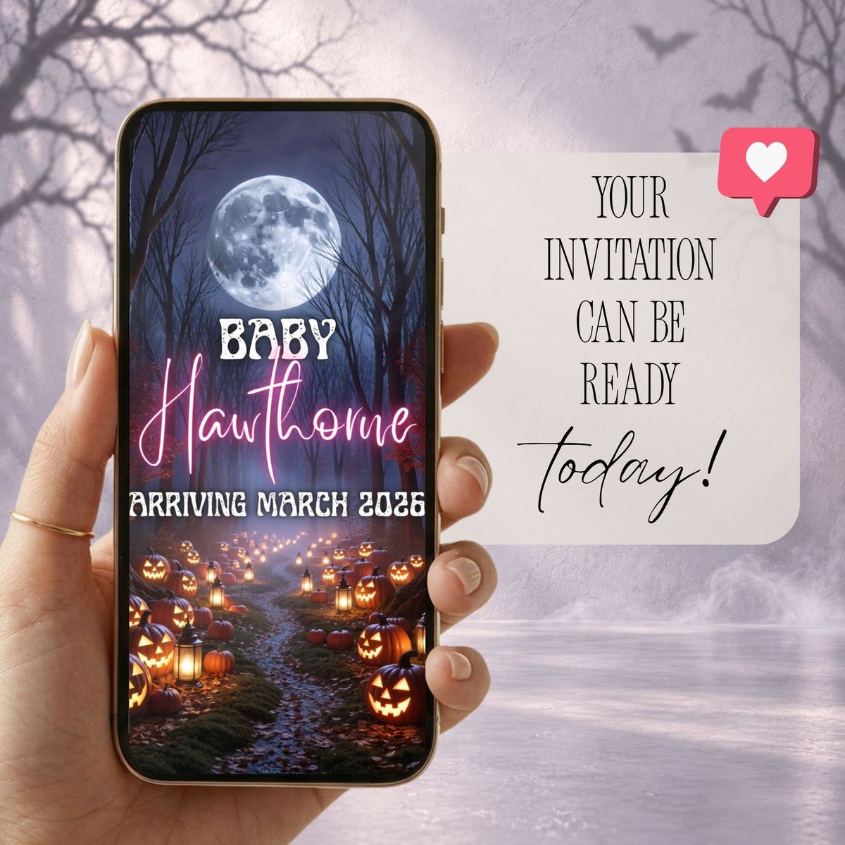Halloween baby girl announcement video displayed on a phone with editable expected arrival information.