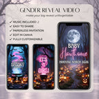 Halloween girl gender reveal video with music, easy sharing, paperless invitation and editable Canva template.