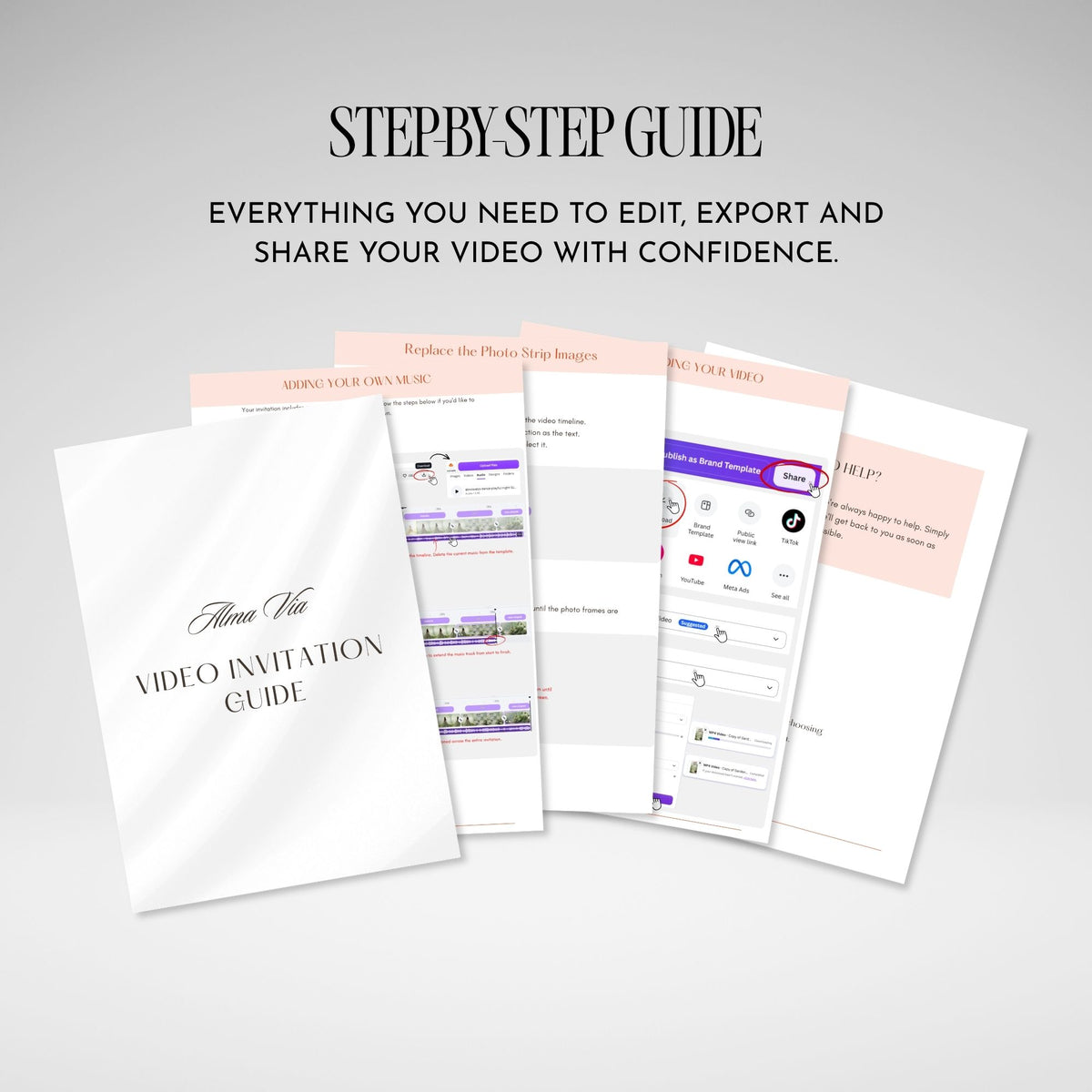 Step-by-step guide included with the Halloween party video invitation for editing, exporting and sharing the Canva video template.