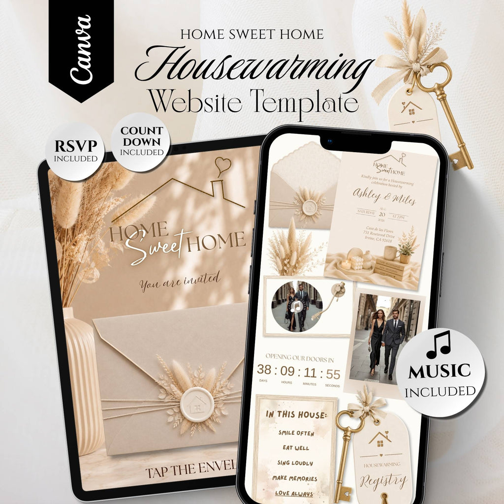 Elegant housewarming website template featuring an interactive Home Sweet Home housewarming invitation with RSVP.