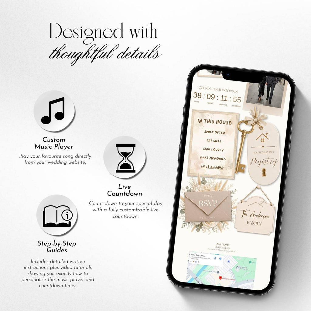 Housewarming website template featuring invitation details, RSVP form, registry, countdown, music, and photo gallery.