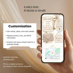 Editable Canva housewarming website template with customizable text, fonts, colours, photos, and links.