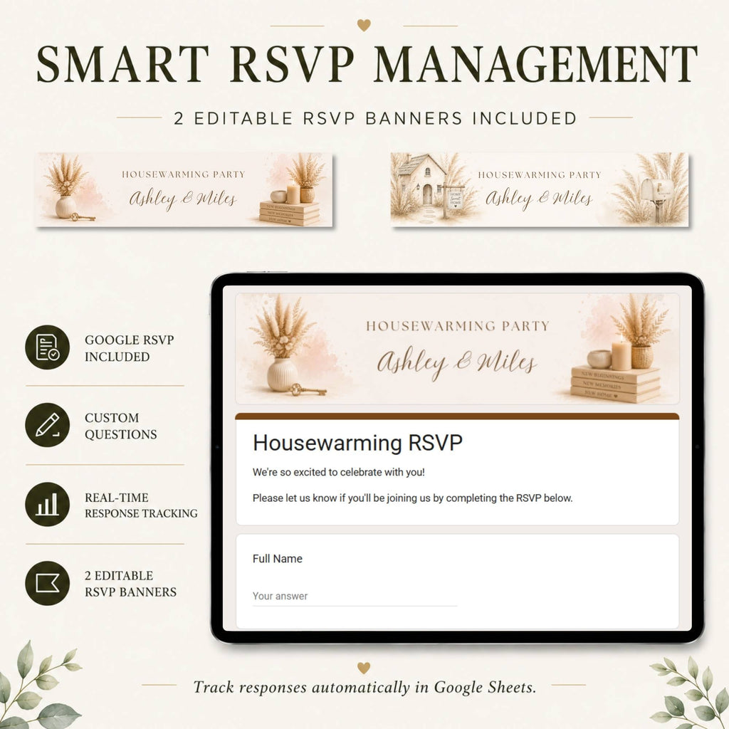 Housewarming RSVP website with integrated online guest response collection.