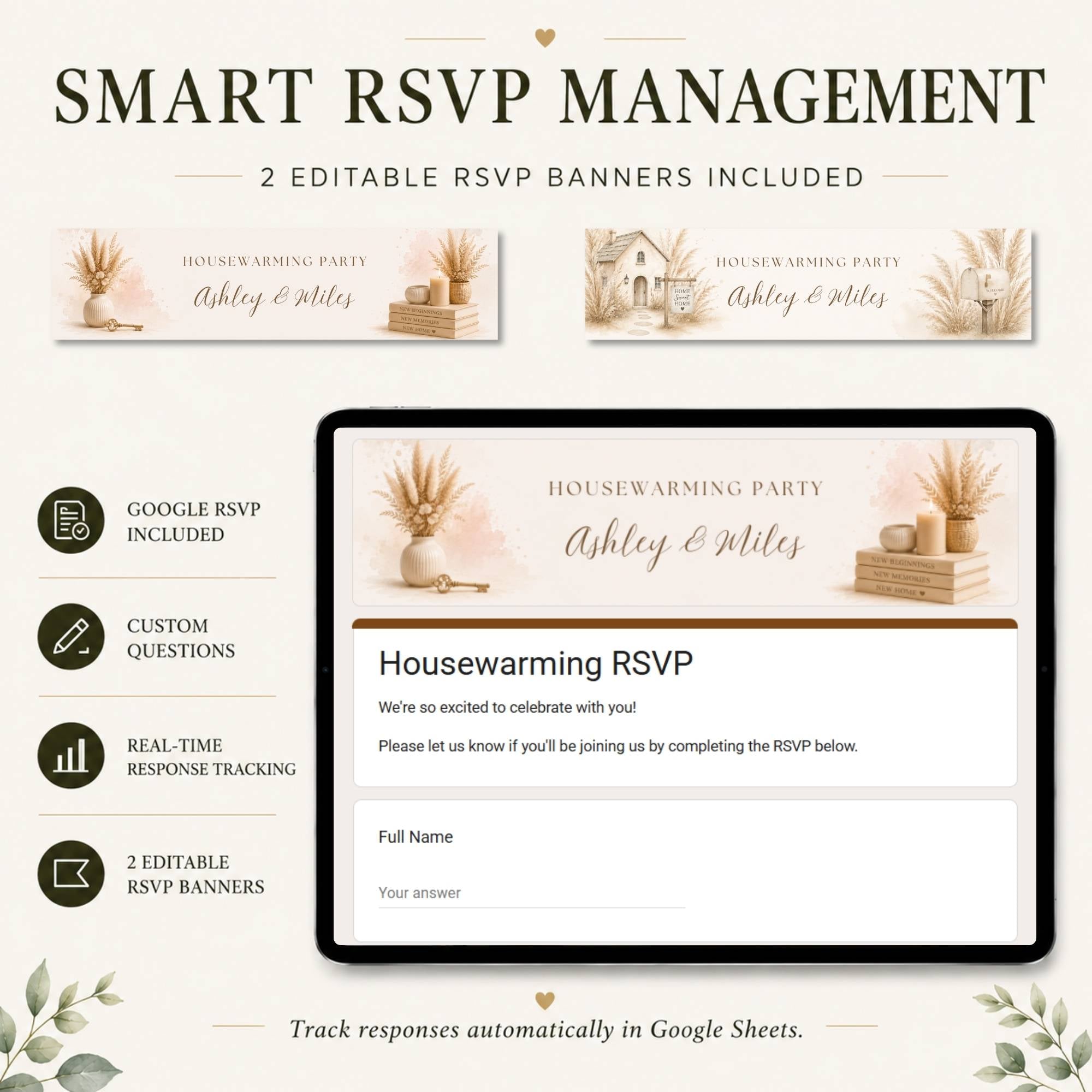 Housewarming RSVP website with integrated online guest response collection.