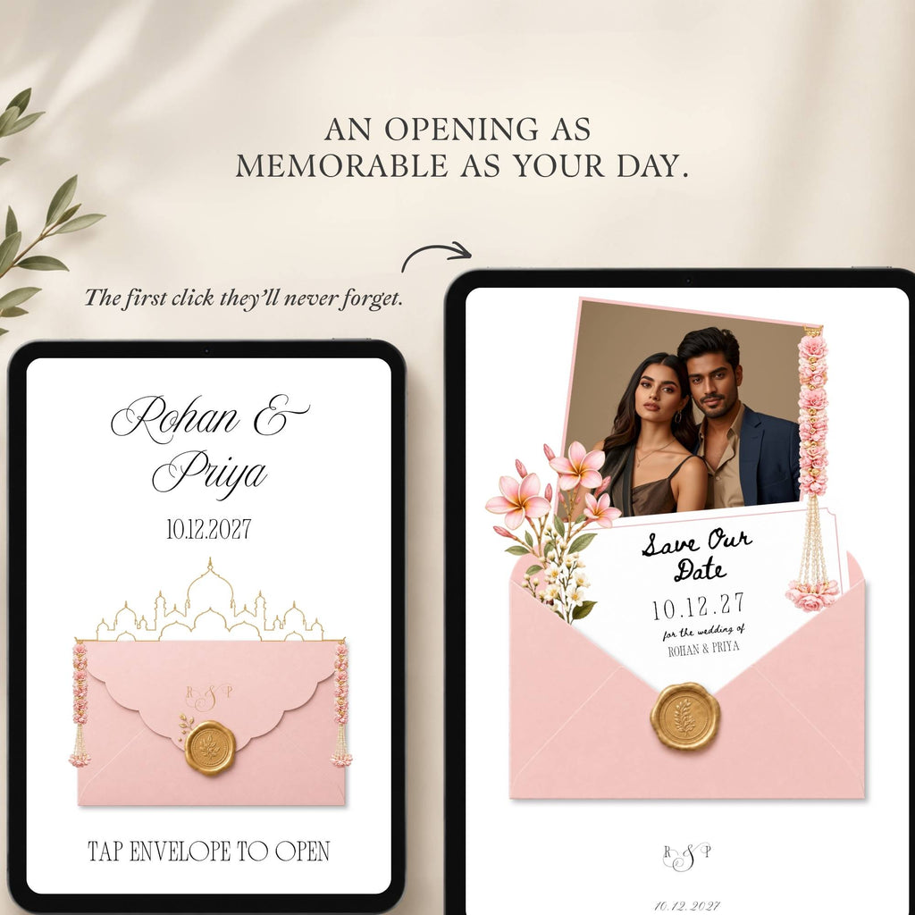 Blush pink and gold Indian wedding save the date website editable in Canva