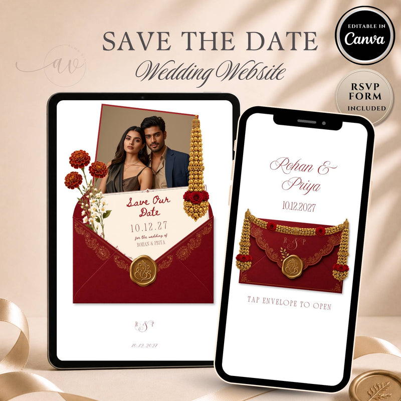 Indian wedding save the date website template featuring an elegant wedding announcement website with RSVP.