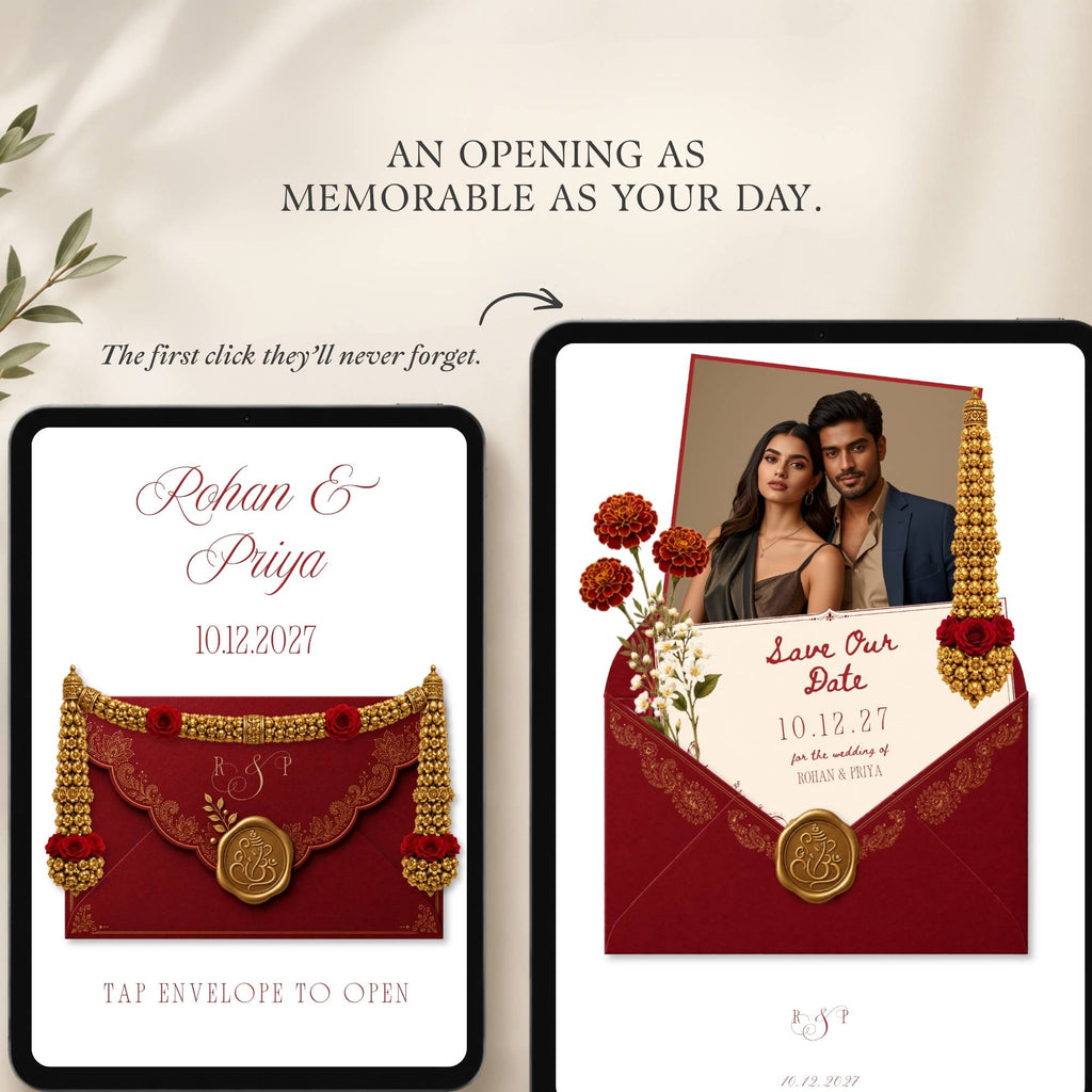 Overview of the Indian wedding save the date website template layout, sections, and editing options.