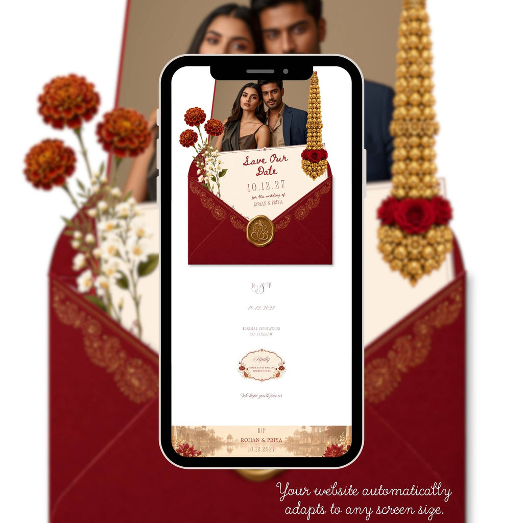 Mobile-friendly Indian wedding save the date website with simple navigation and RSVP access.