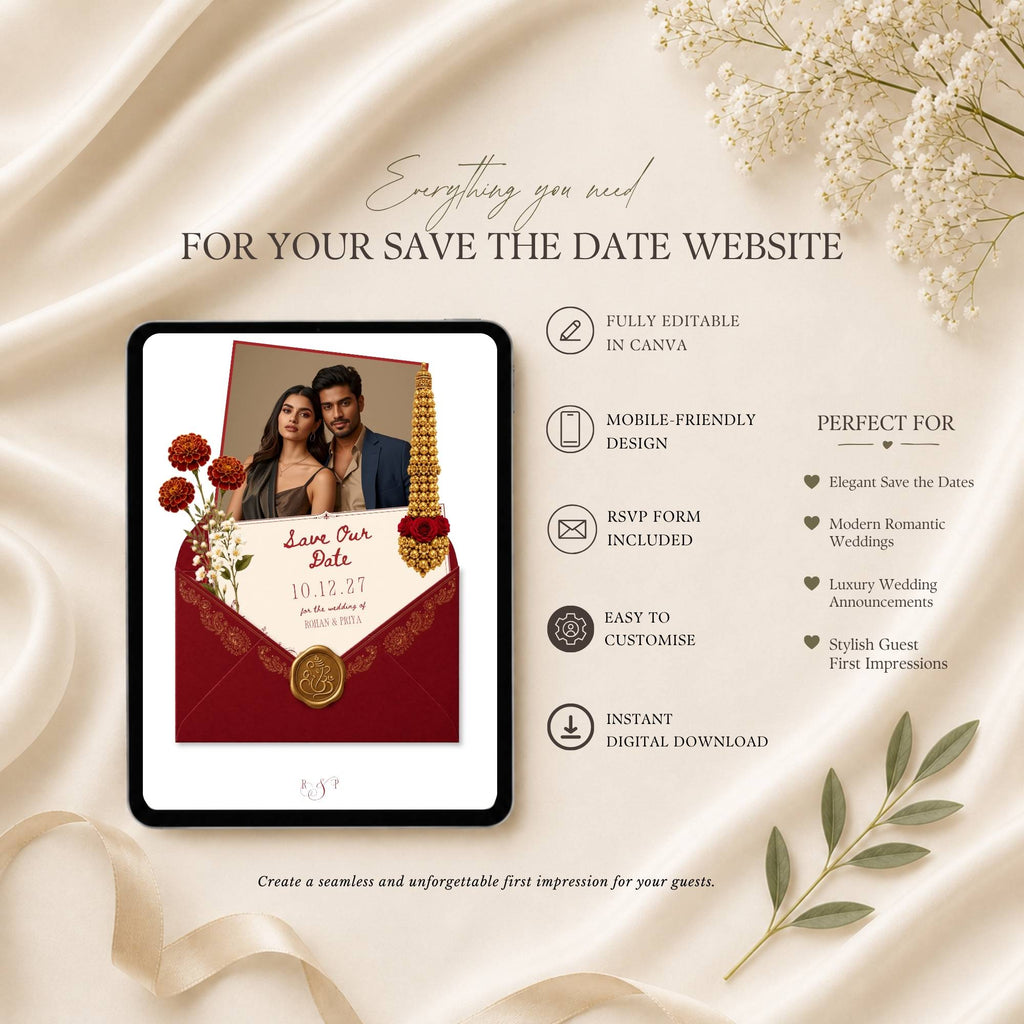 Save the date website template featuring wedding announcement details, RSVP form, and photo sections.