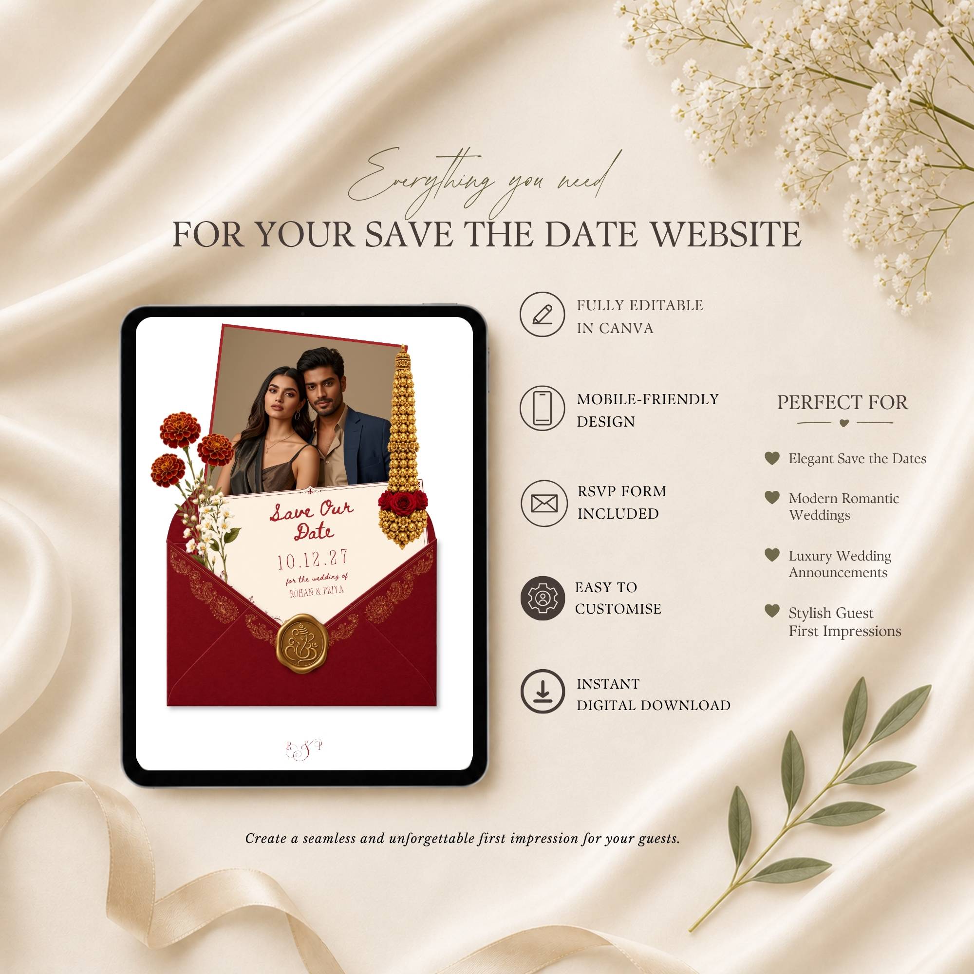 Save the date website template featuring wedding announcement details, RSVP form, and photo sections.
