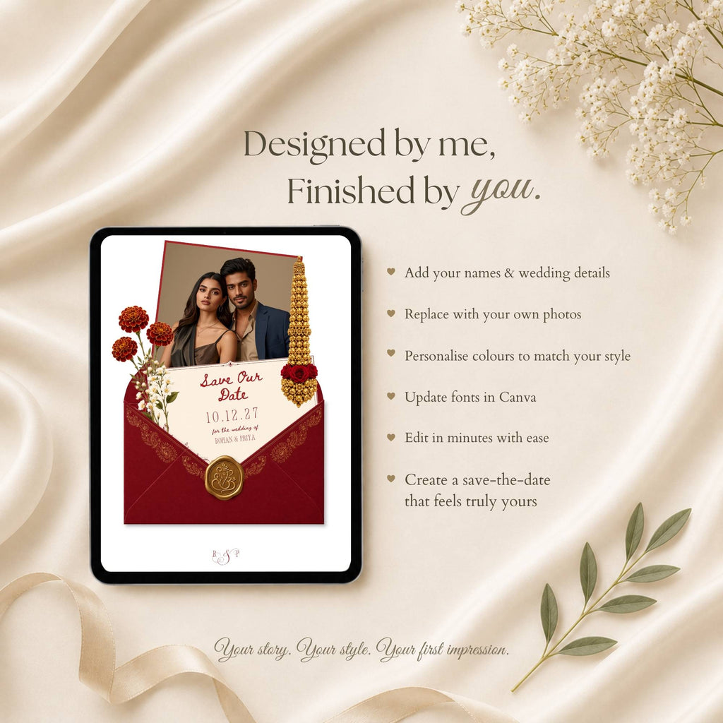 Editable Canva save the date website template with customizable colors, fonts, text, and photos.