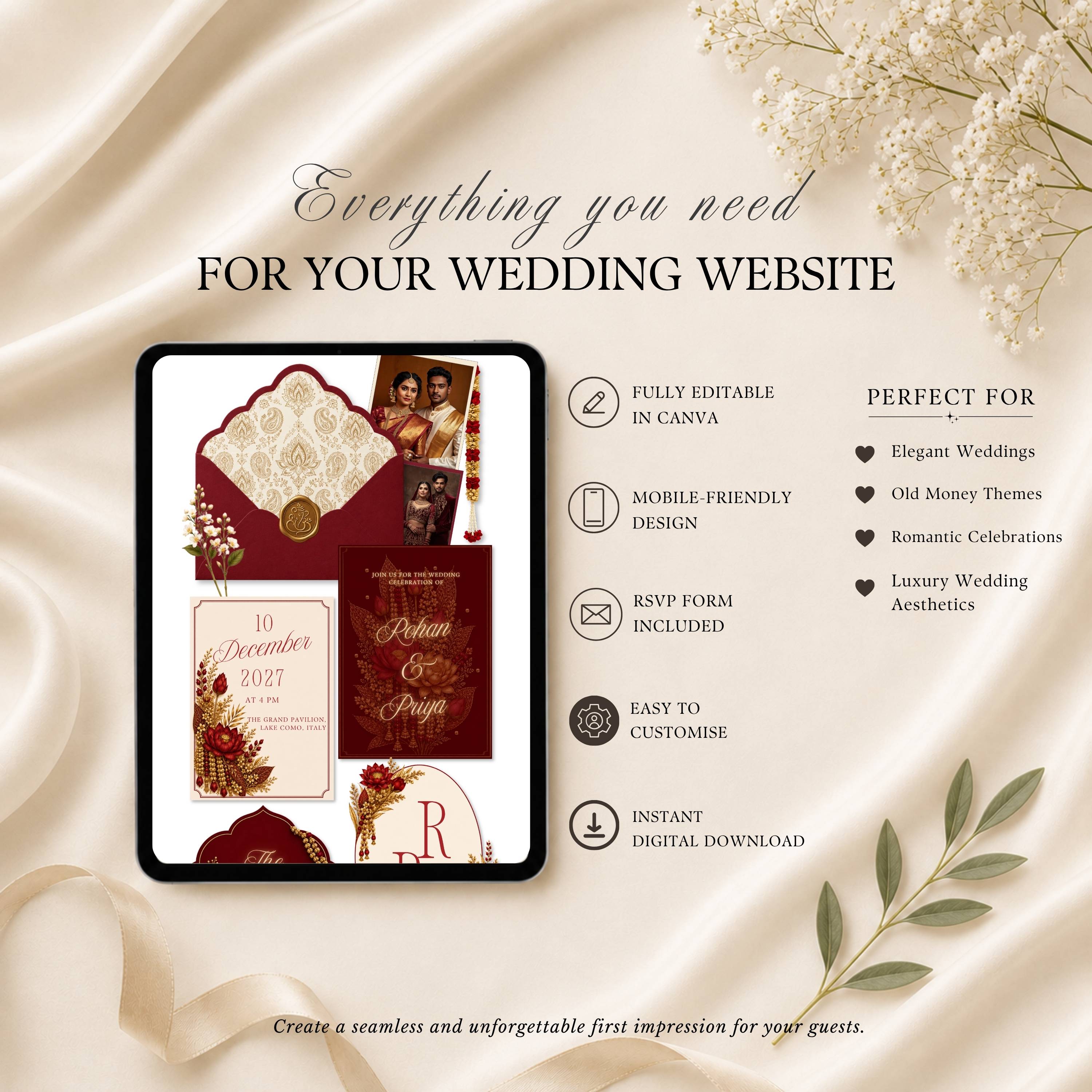Four page Indian wedding website template featuring RSVP page love story page and wedding details page