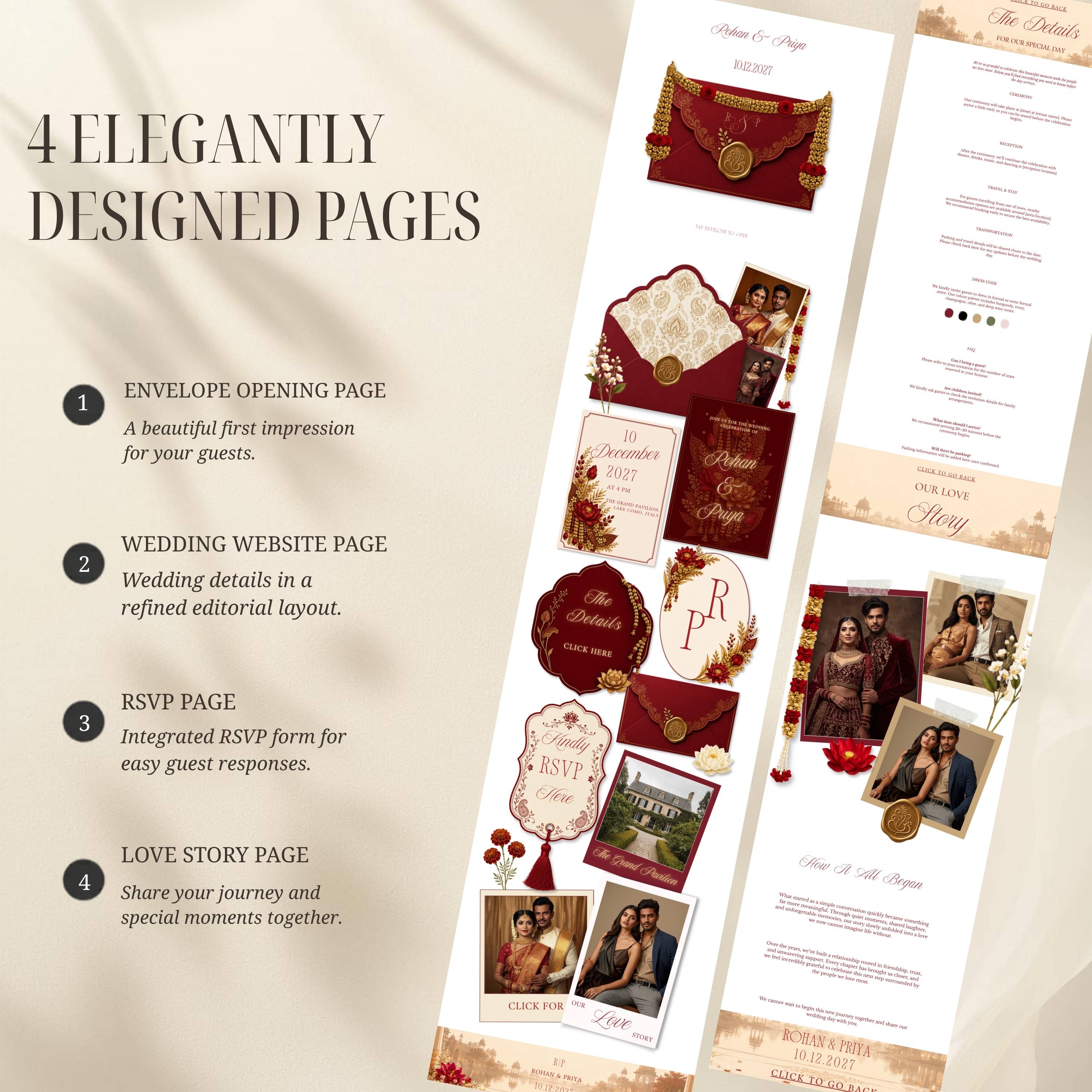 Interactive envelope opening page for Indian wedding website template