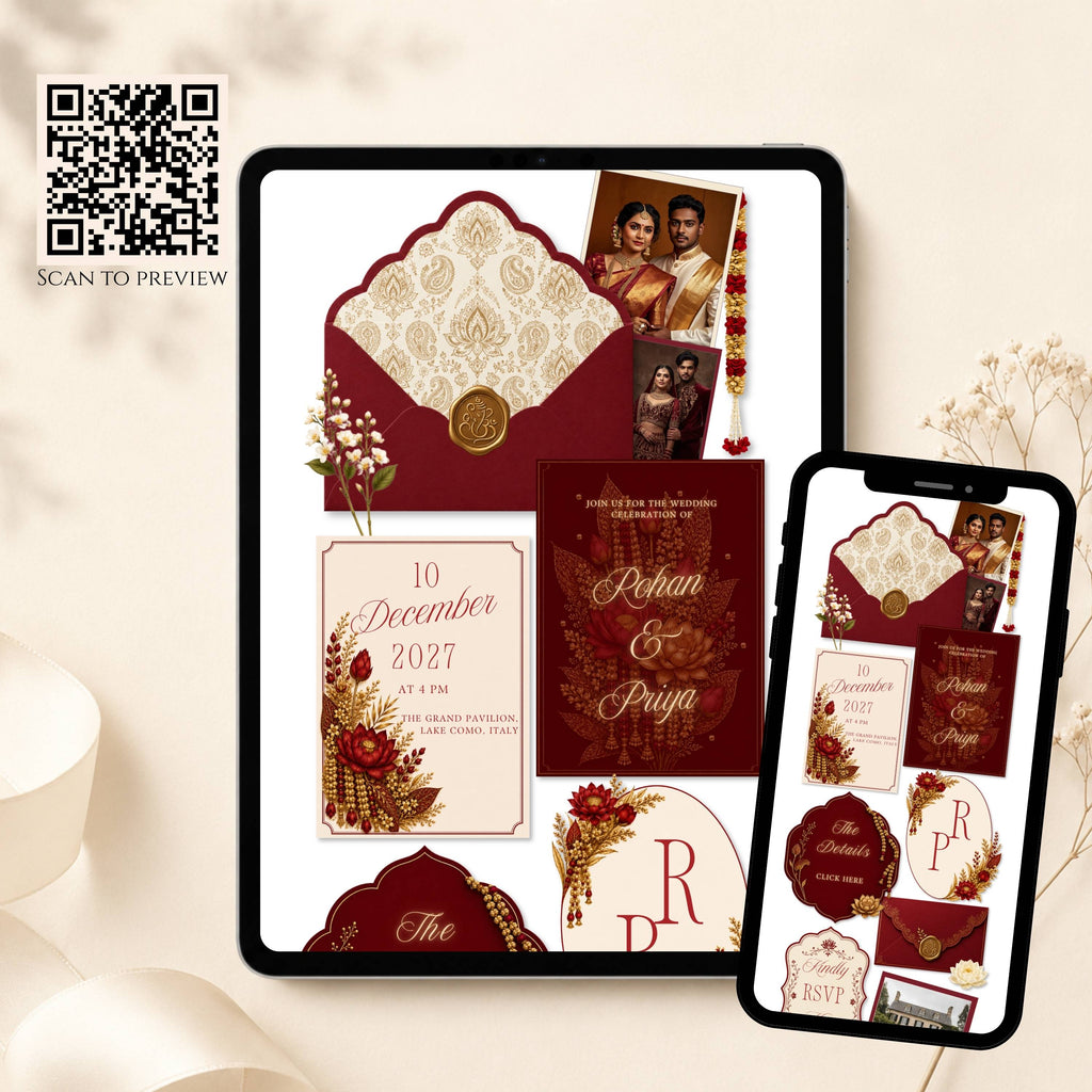 Mobile Indian wedding website template with traditional red and gold design