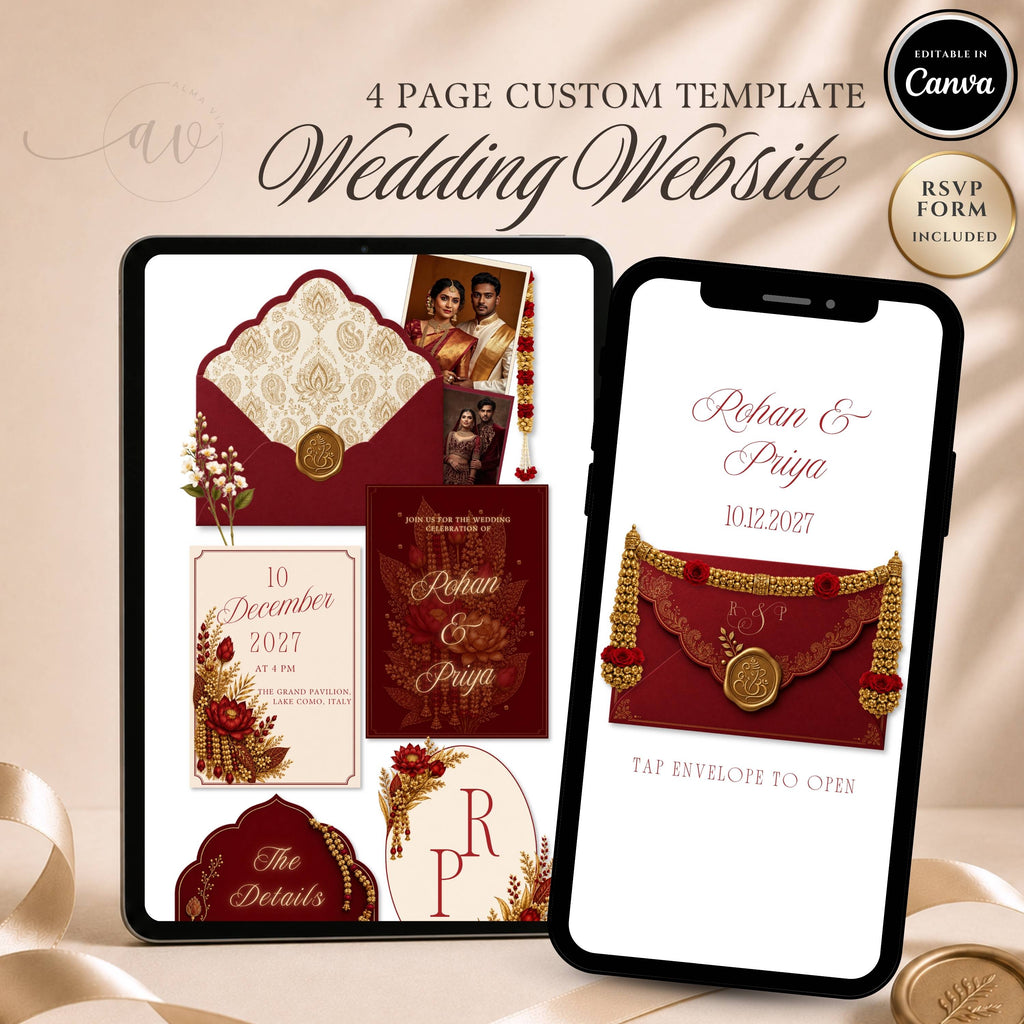 Indian wedding website template editable in Canva with RSVP page and envelope opening design
