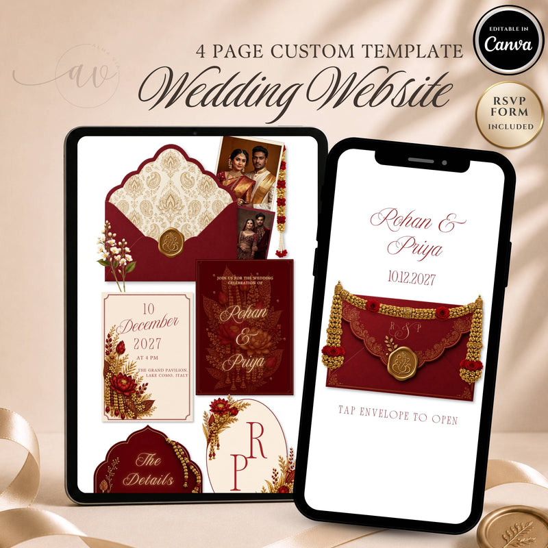 Indian wedding website template editable in Canva with RSVP page and envelope opening design
