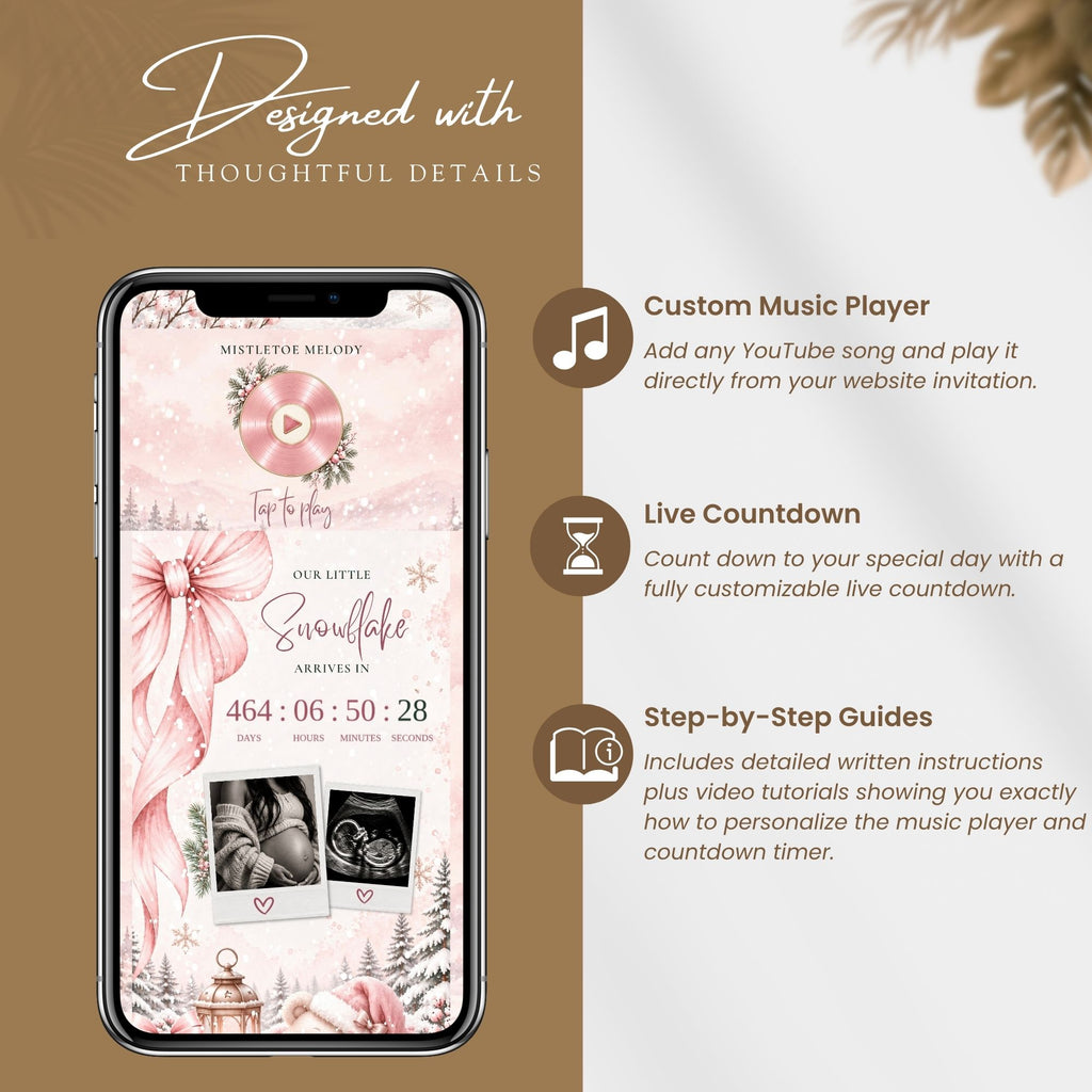Interactive baby shower website features including custom music player, live countdown and step-by-step setup guides.