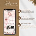 Interactive baby shower website features including custom music player, live countdown and step-by-step setup guides.