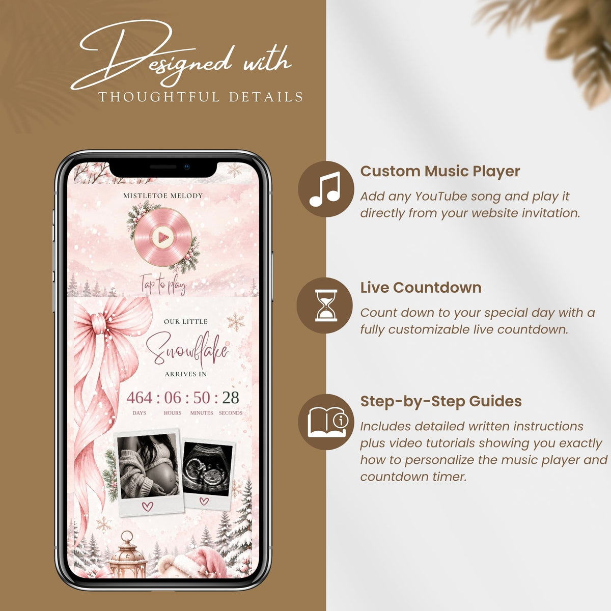 Interactive baby shower website features including custom music player, live countdown and step-by-step setup guides.
