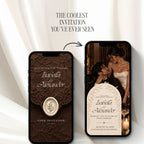 Interactive brown wedding website with envelope opening, romantic couple photography and mobile-friendly Canva design.