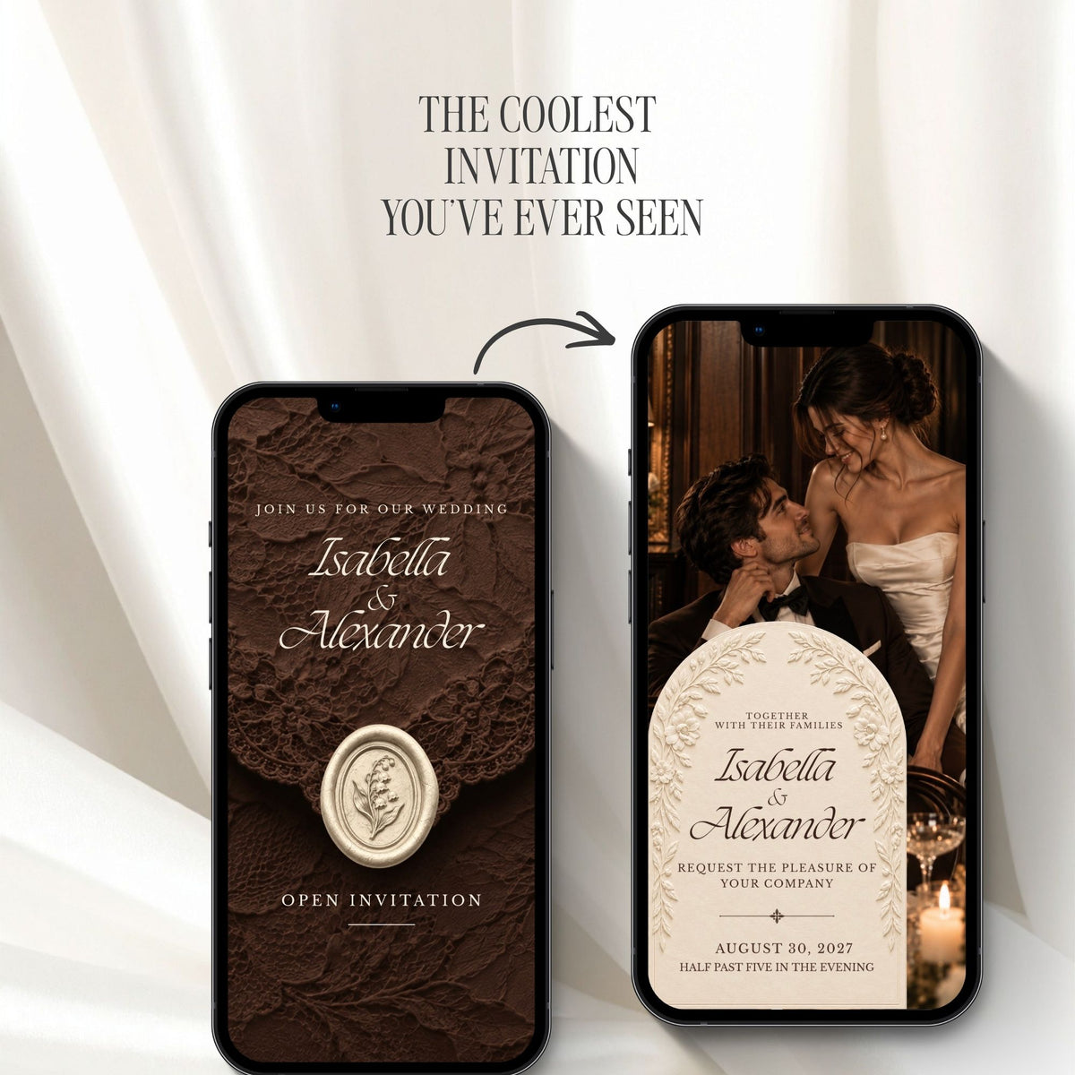 Interactive brown wedding website with envelope opening, romantic couple photography and mobile-friendly Canva design.