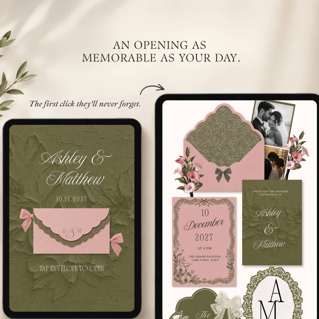 Interactive wedding website template with envelope opening homepage.