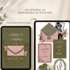 Interactive wedding website template with envelope opening homepage.