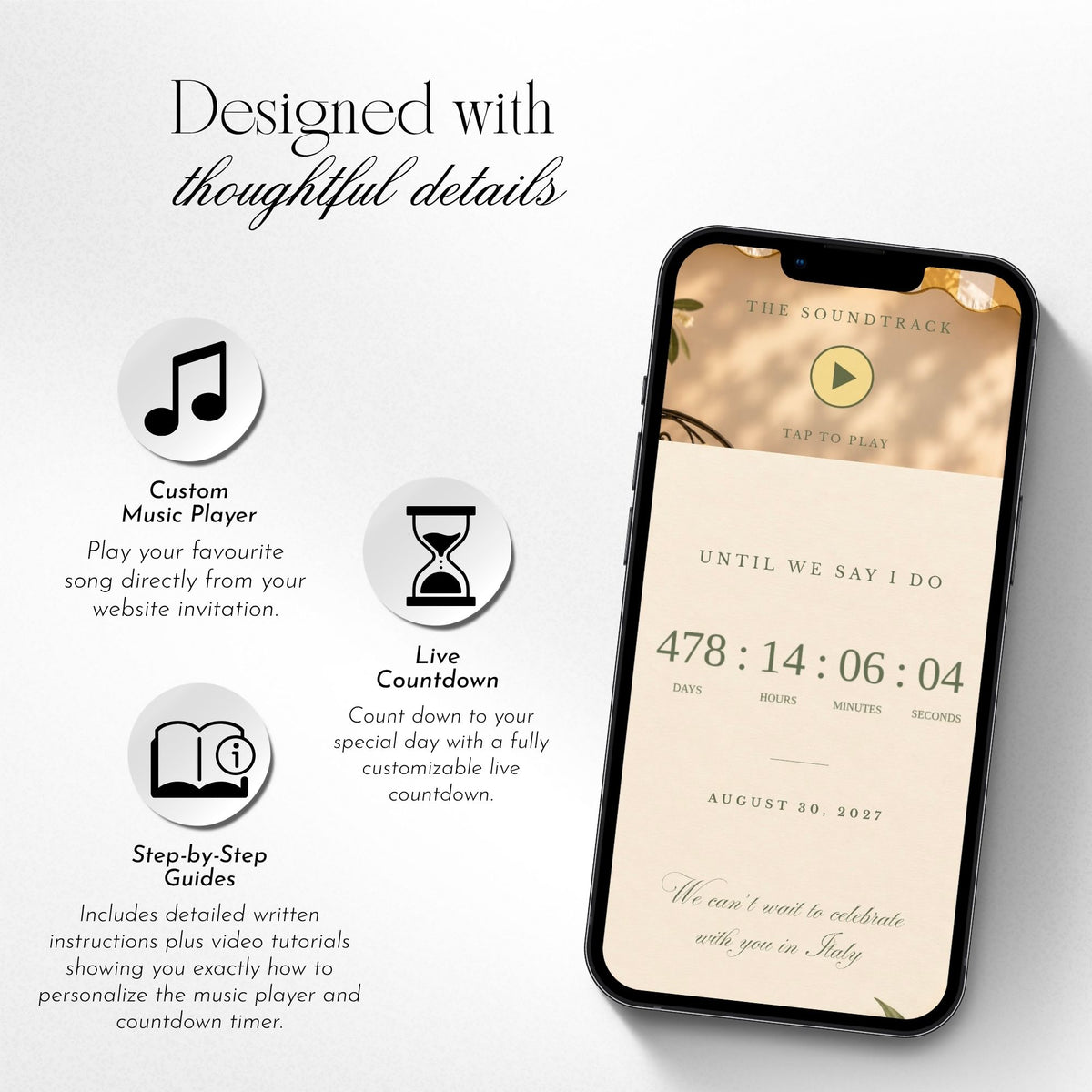 Interactive wedding website with custom music player, live countdown and detailed Canva setup guide.