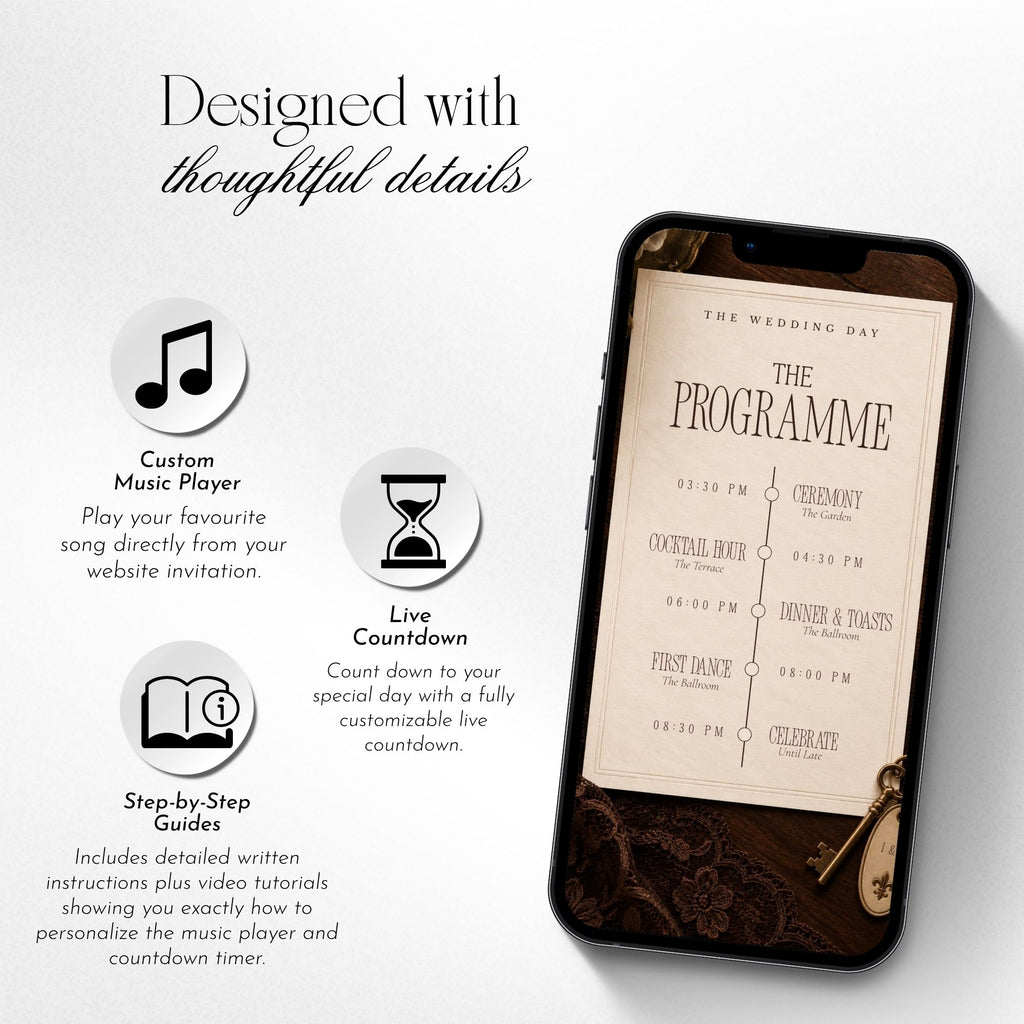Interactive wedding website features including custom music player, live countdown and step-by-step setup guides.