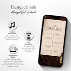 Interactive wedding website features including custom music player, live countdown and step-by-step setup guides.