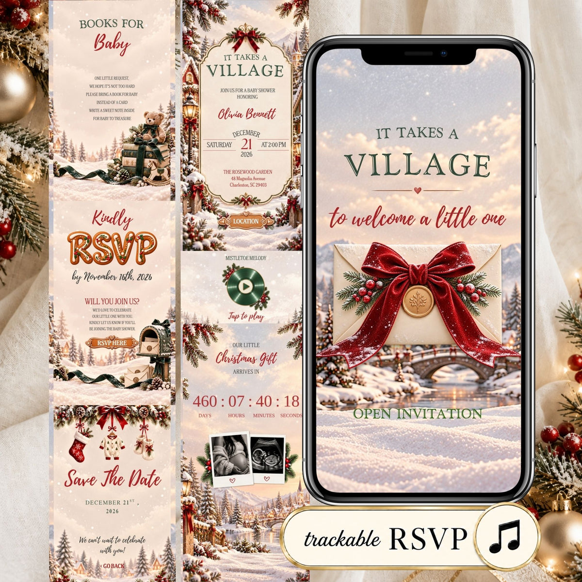 It Takes a Village Christmas baby shower website template with festive winter village illustrations, burgundy bows, RSVP, countdown, and music.
