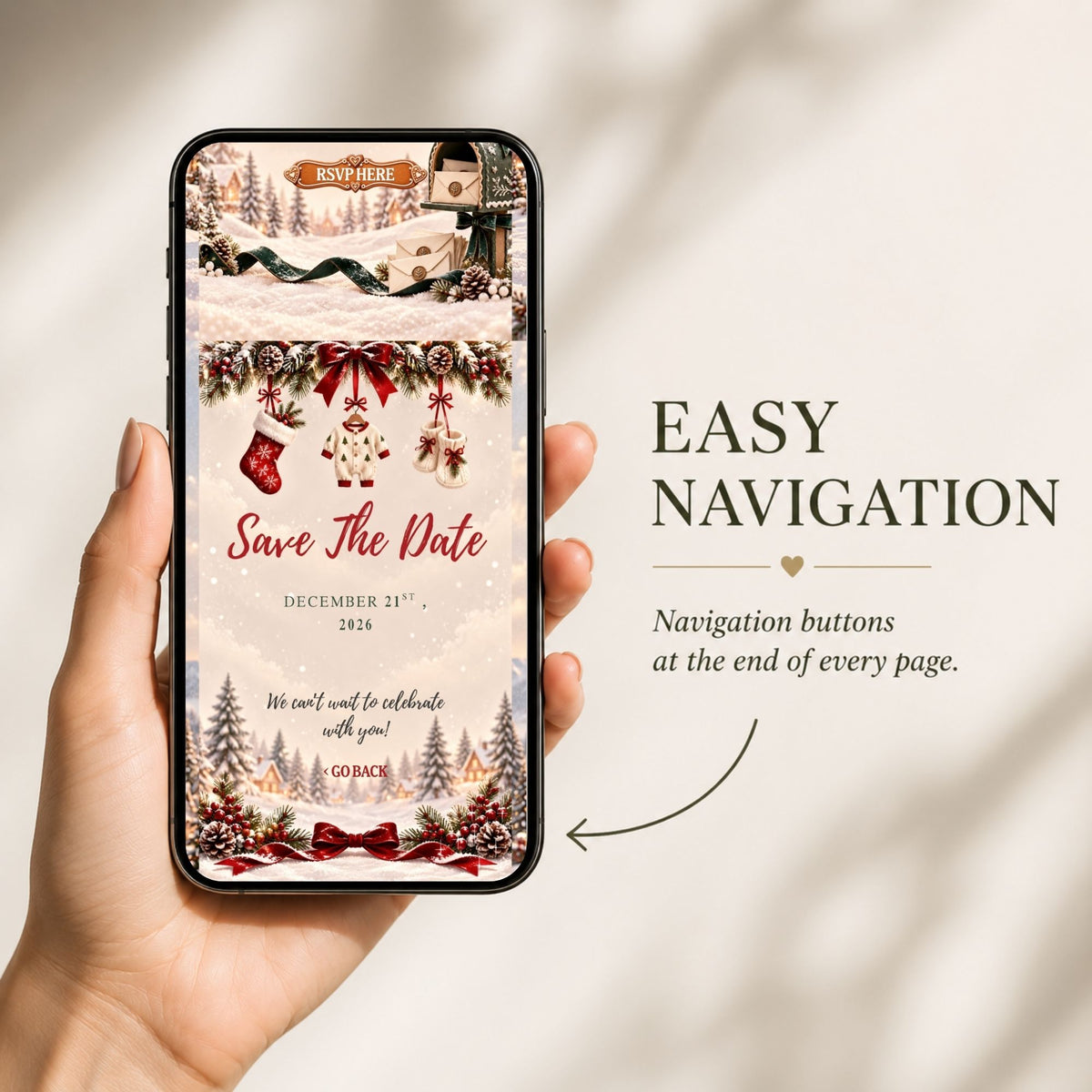 Mobile-friendly Christmas baby shower website with easy navigation buttons for accessing invitation details and event information.