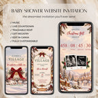 Christmas baby shower website invitation with music, live countdown, trackable RSVP, gift registry, and editable Canva pages.