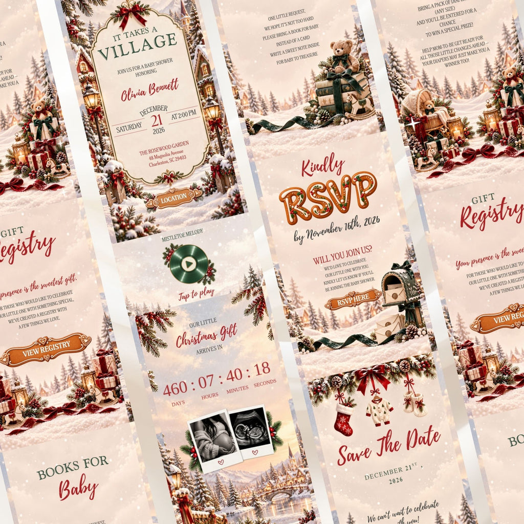 Full layout of the It Takes a Village Christmas baby shower website featuring festive illustrations, winter greenery, registry, and RSVP sections.