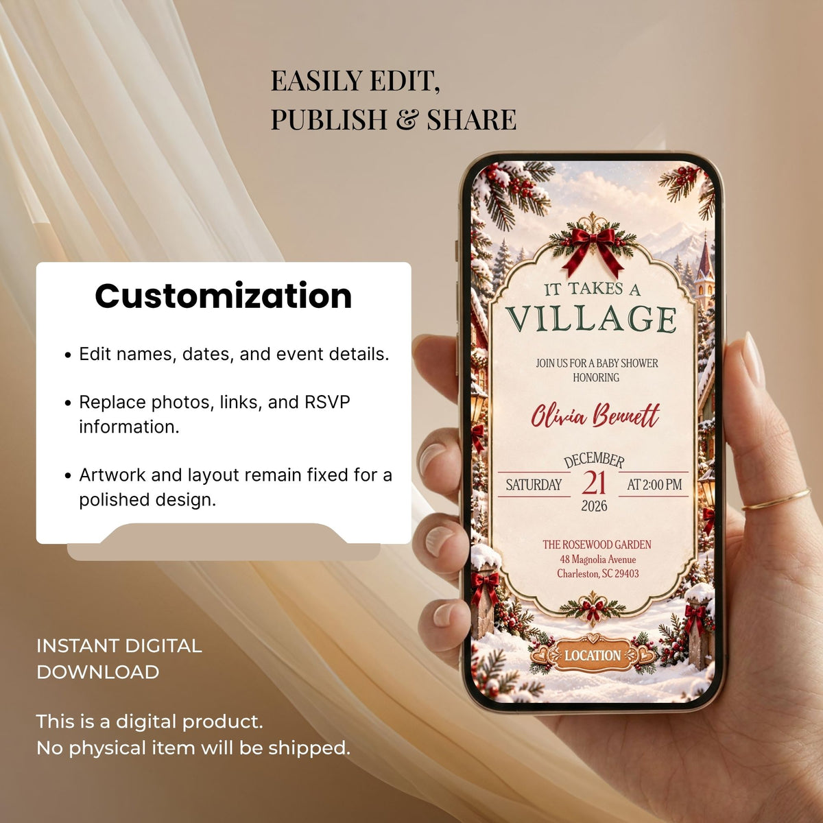 Editable Canva Christmas baby shower website template with customizable text, photos, fonts, colours, links, and RSVP information.