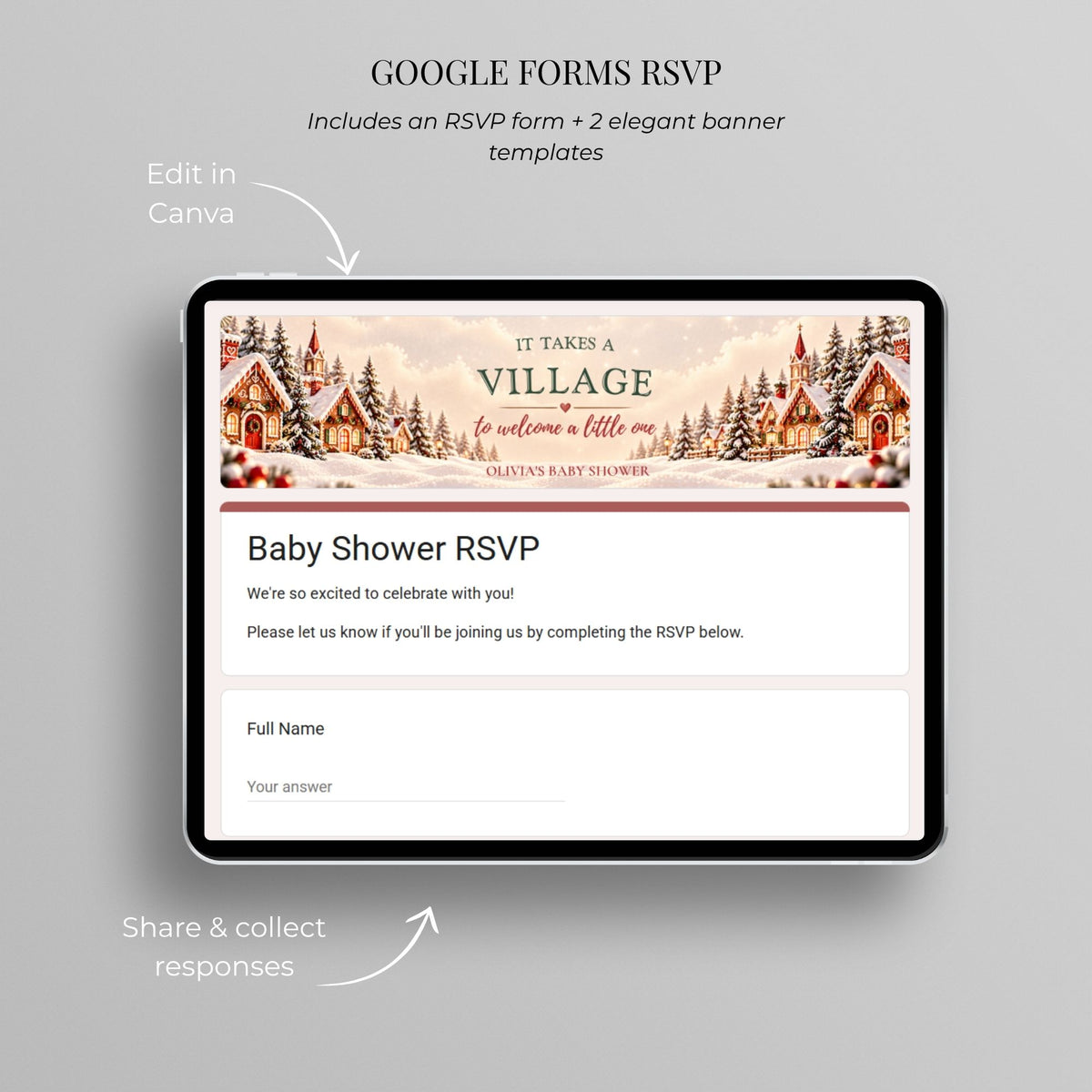 Google Forms RSVP setup for a Christmas baby shower website showing an editable guest response form and online response collection.