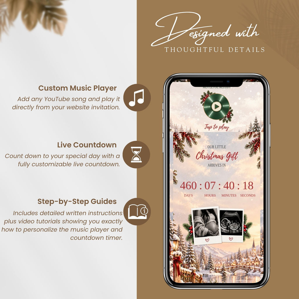Interactive baby shower website features including custom music player, live countdown, and step-by-step Canva editing guides.