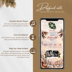 Interactive baby shower website features including custom music player, live countdown, and step-by-step Canva editing guides.