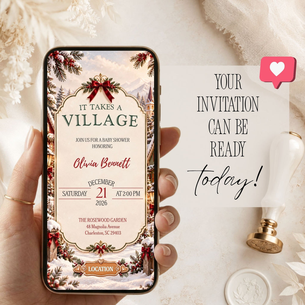 Mobile preview of an It Takes a Village baby shower invitation featuring a snowy Christmas village and festive event details.