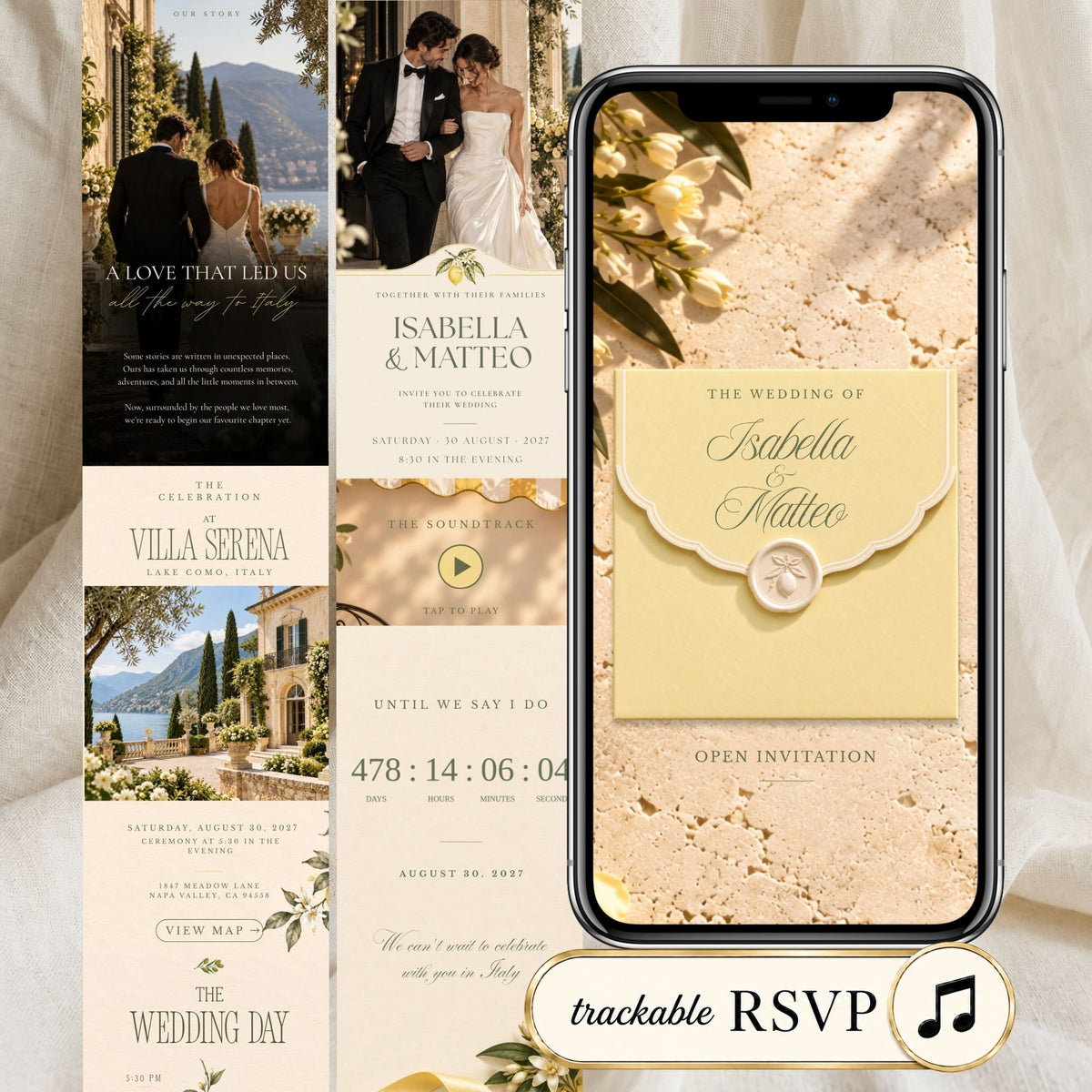 Italian lemon wedding website invitation with elegant ivory design, venue details, music, countdown and online RSVP